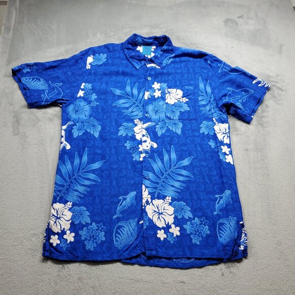 Cabali Hawaiian Short Sleeve Shirt Blue White Tropical Flowers 1 Pocket Men Sz L - Picture 1 of 11